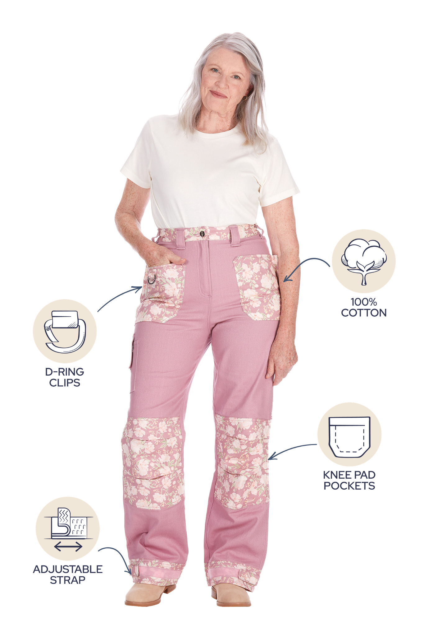 Front view of Peony Posy gardening pants showing the D-ring clip, 100% cotton fabric, knee pad pockets and adjustable strap