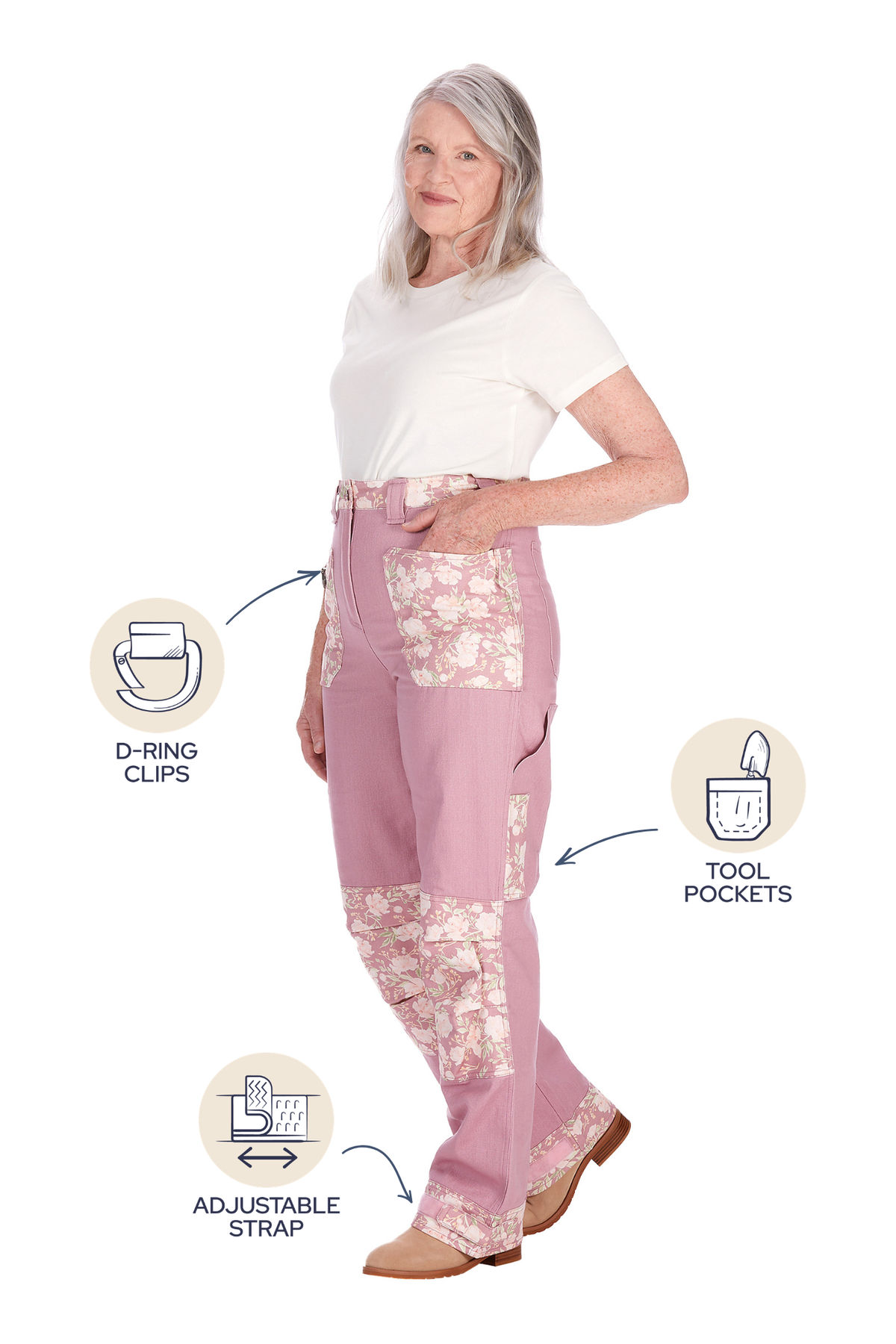 Side view of Peony Posy gardening pants showing the D-ring clip, dedicated tool pocket and adjustable waist strap