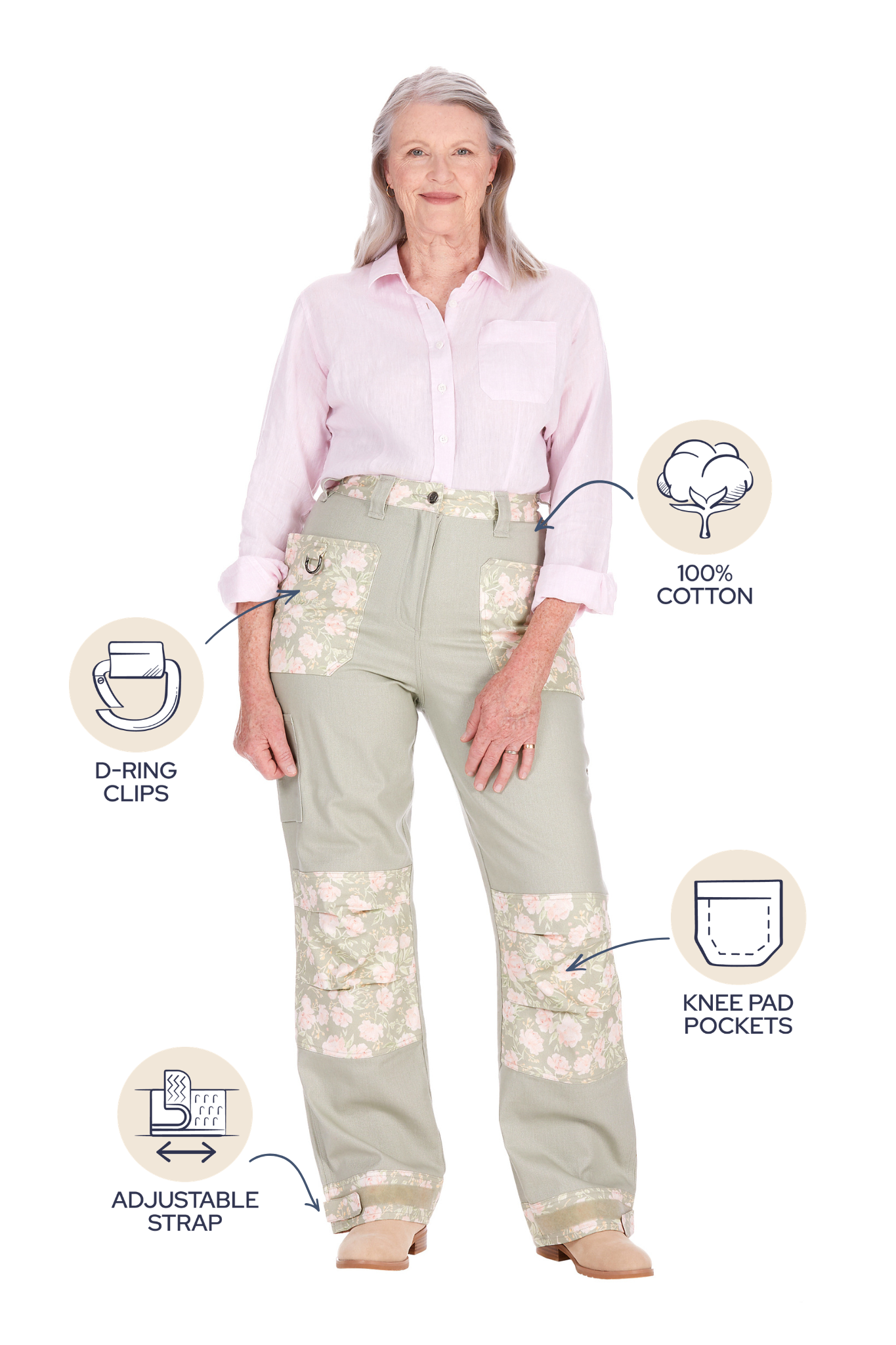 Front view of Peony Patch gardening pants showing the D-ring clip, 100% cotton fabric, knee pad pockets and adjustable strap