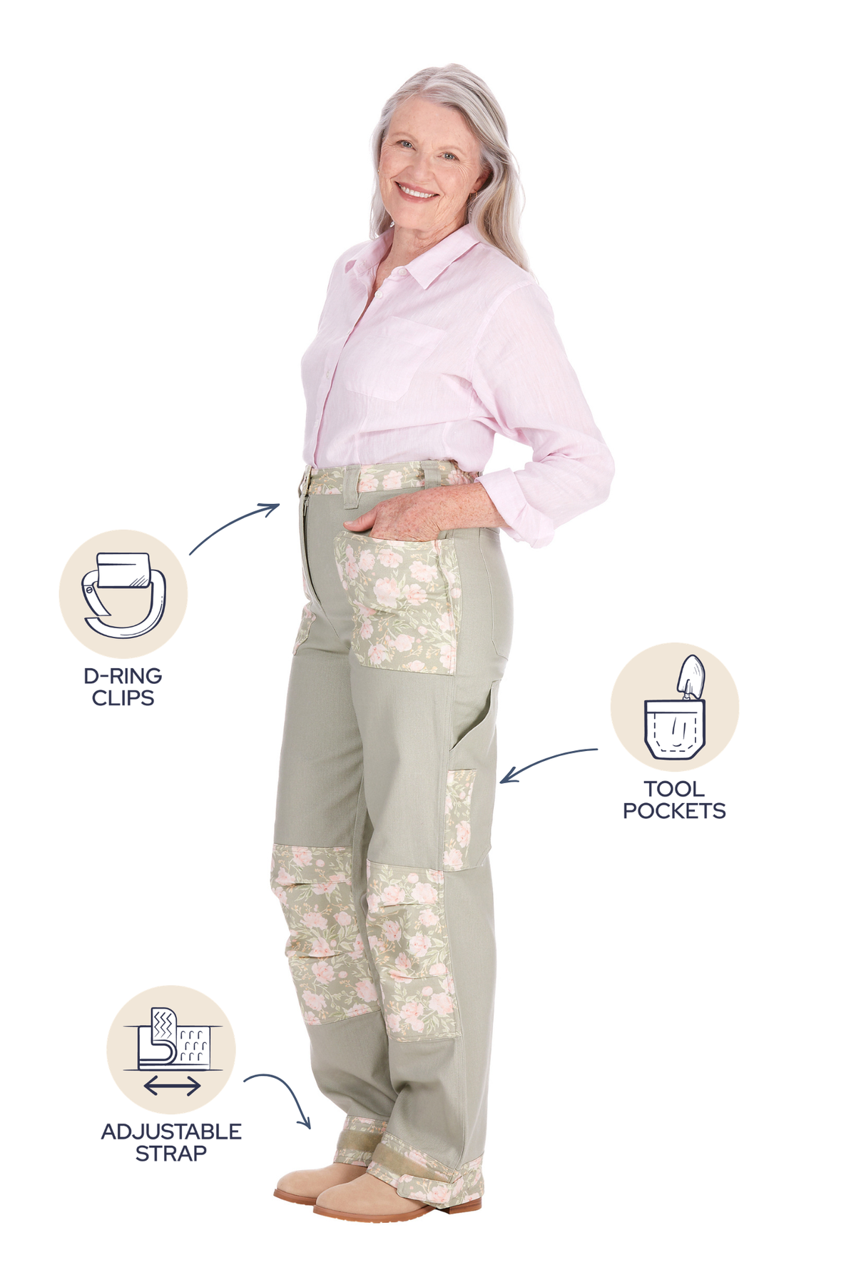 Side view of Peony Patch gardening pants showing the D-ring clip, dedicated tool pocket and adjustable waist strap