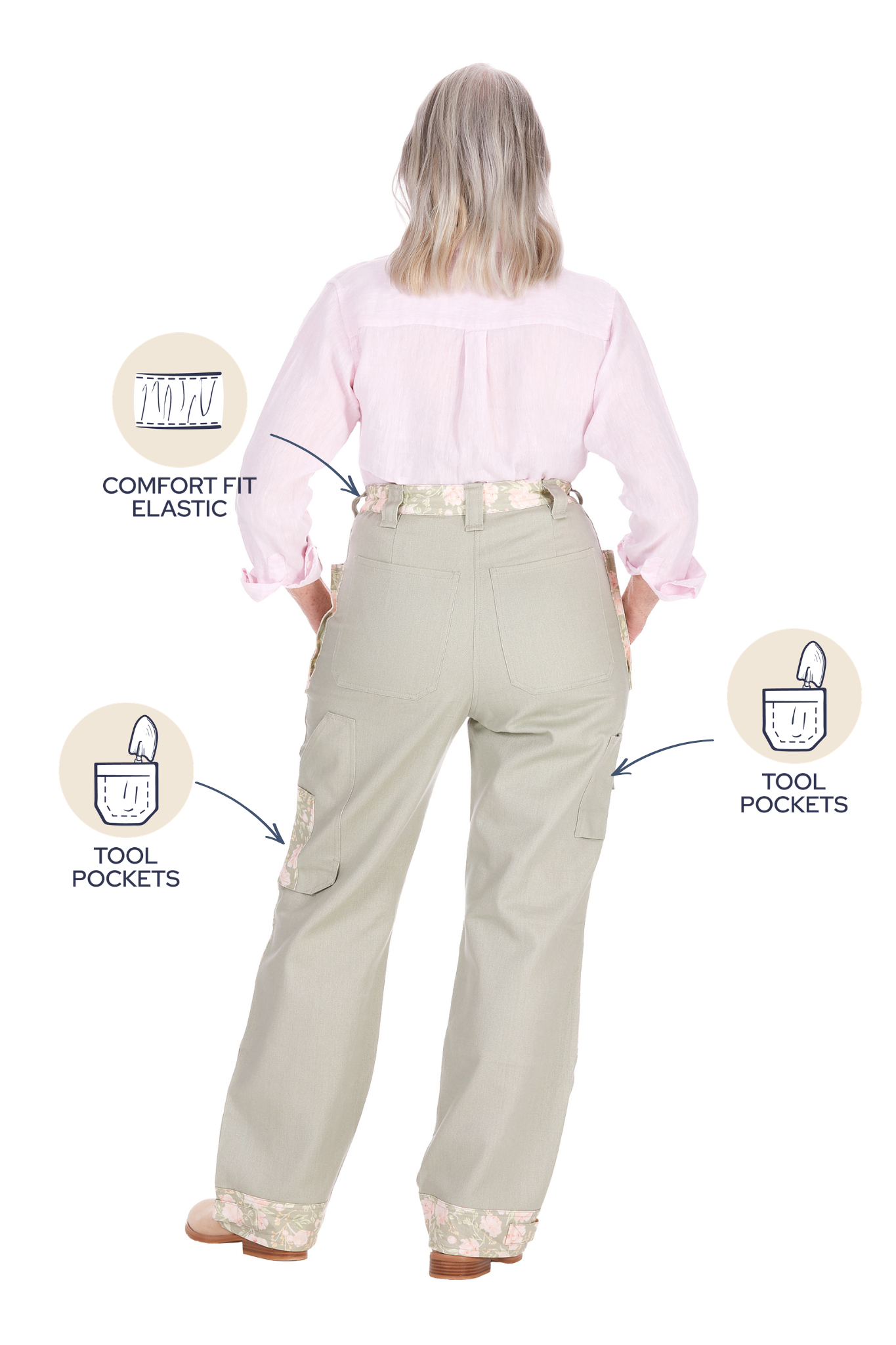 Back view of Peony Patch gardening pants showing the comfort-fit elastic waistband and two rear tool pockets