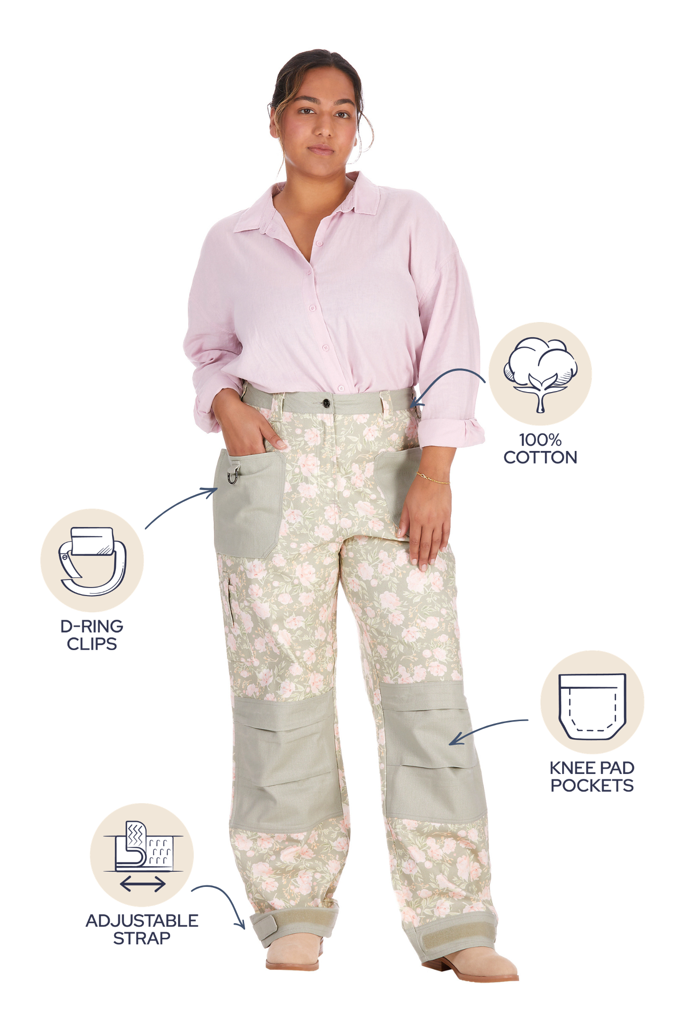 Front view of Peony Meadow gardening pants showing the D-ring clip, 100% cotton fabric, knee pad pockets and adjustable strap