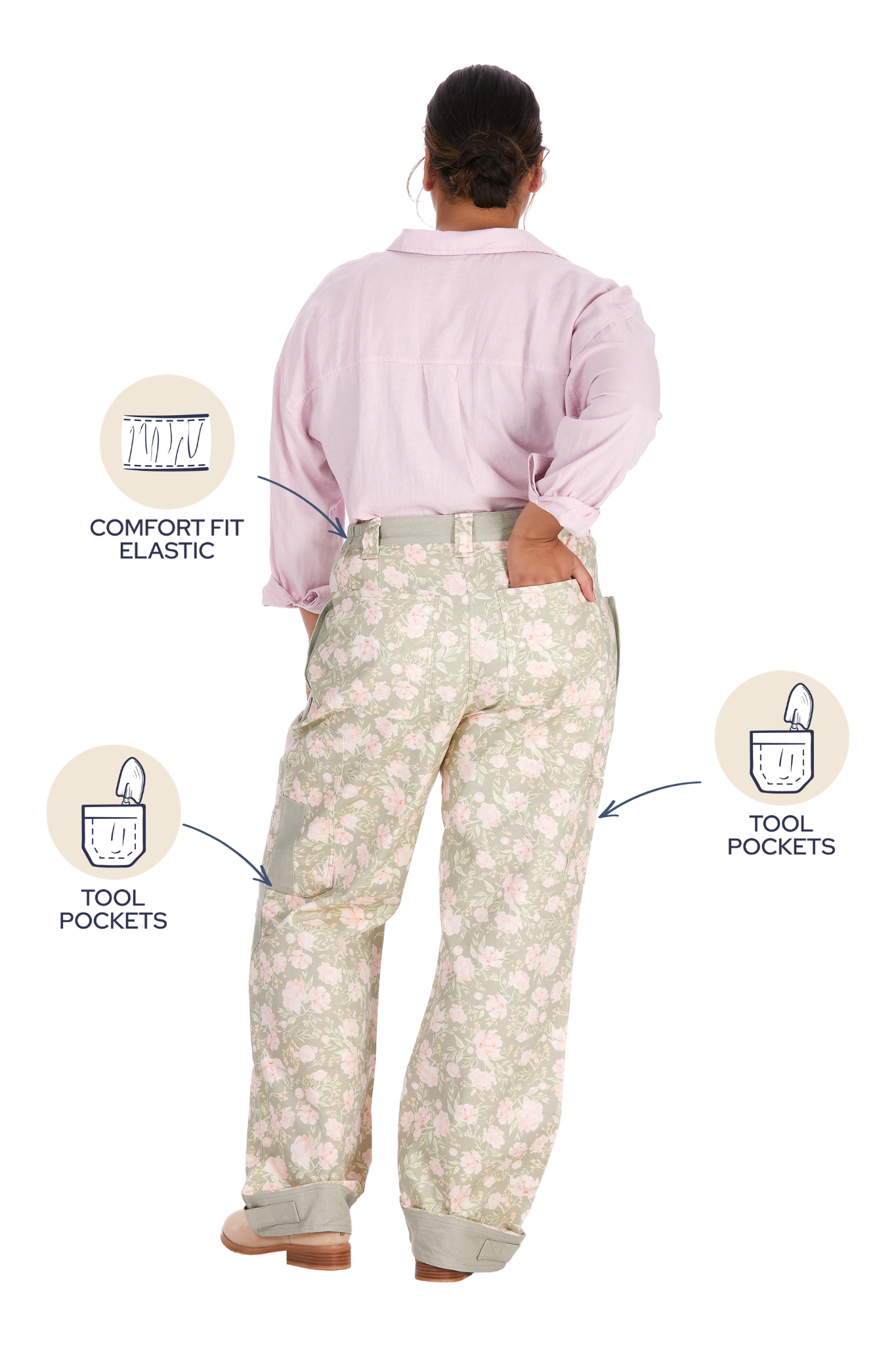 Back view of Peony Meadow gardening pants showing the comfort-fit elastic waistband and two rear tool pockets