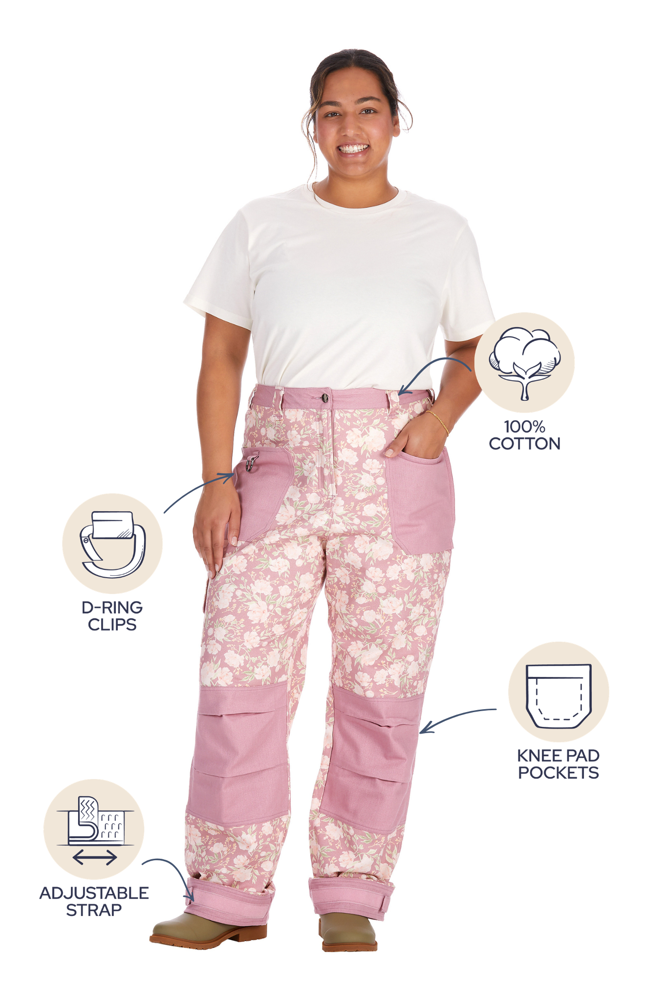 Front view of Peony Blossom gardening pants showing the D-ring clip, 100% cotton fabric, knee pad pockets and adjustable strap