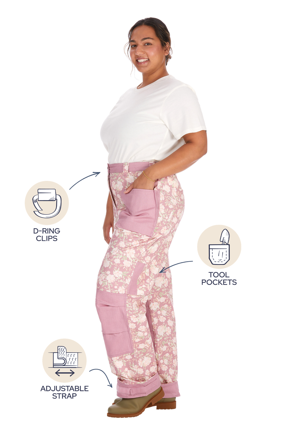 Side view of Peony Blossom gardening pants showing the D-ring clip, dedicated tool pocket and adjustable waist strap