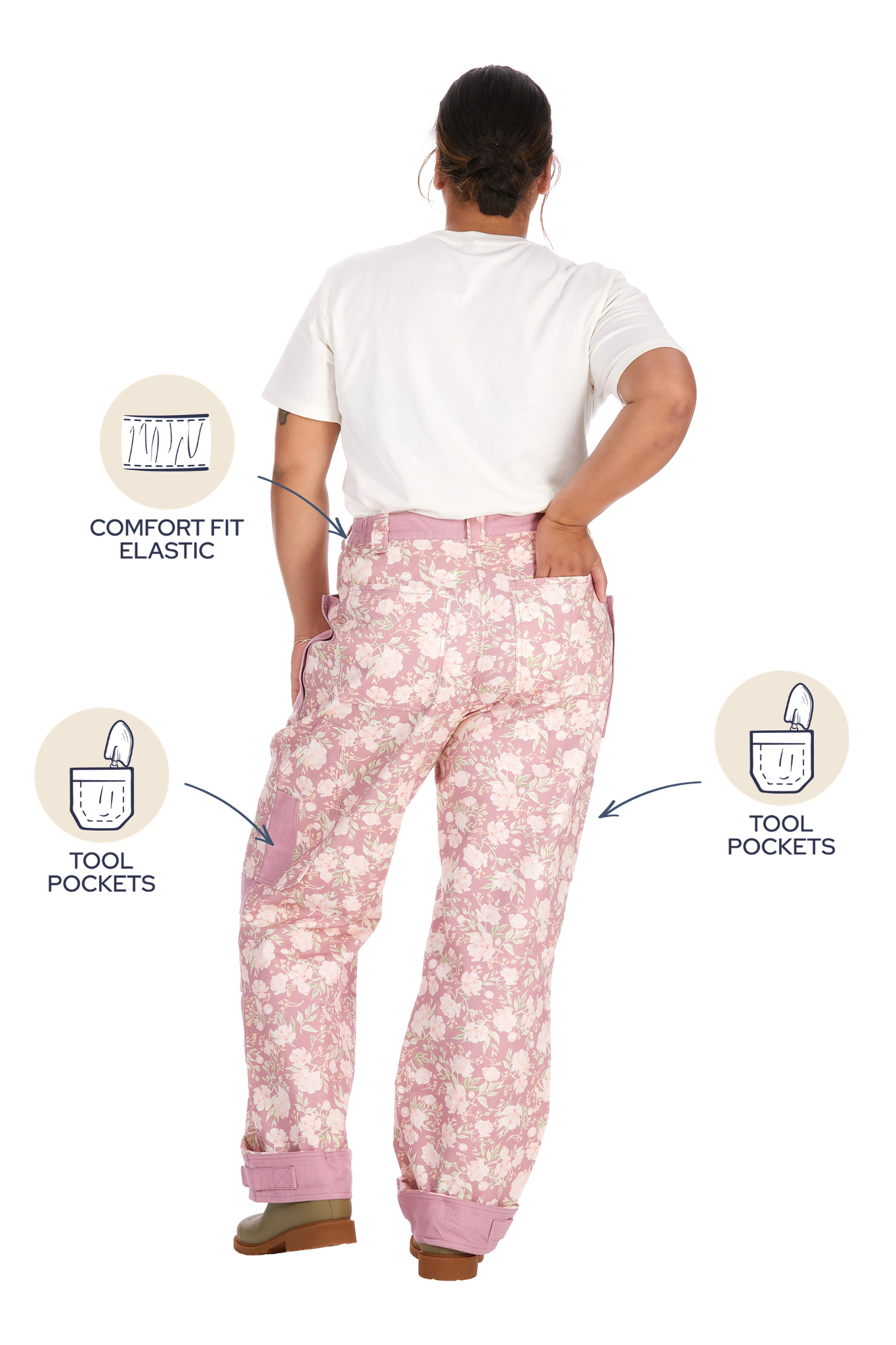 Back view of Peony Blossom gardening pants showing the comfort-fit elastic waistband and two rear tool pockets